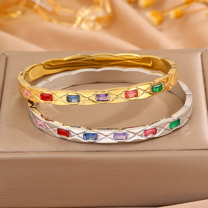 Solid Color Rock Style Bangle For New Year Featuring 304 Stainless Steel With 18K Real Gold Plated And Rhinestones Inlay