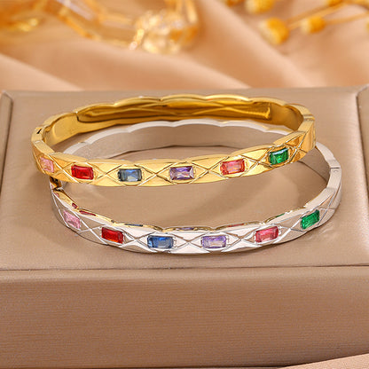 Solid Color Rock Style Bangle For New Year Featuring 304 Stainless Steel With 18K Real Gold Plated And Rhinestones Inlay