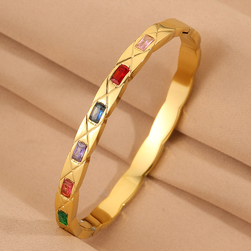 Solid Color Rock Style Bangle For New Year Featuring 304 Stainless Steel With 18K Real Gold Plated And Rhinestones Inlay