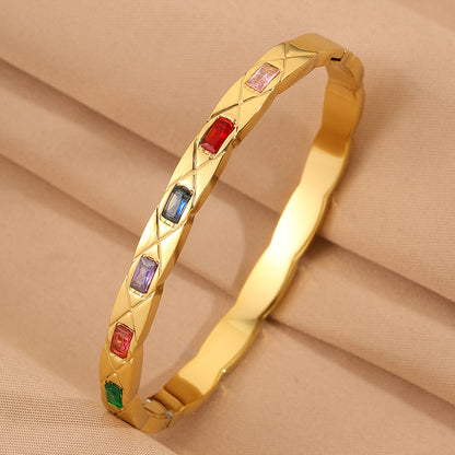 Solid Color Rock Style Bangle For New Year Featuring 304 Stainless Steel With 18K Real Gold Plated And Rhinestones Inlay