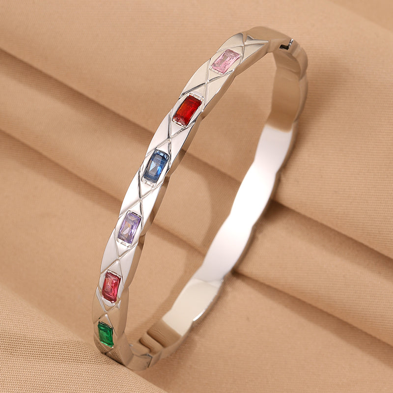 Solid Color Rock Style Bangle For New Year Featuring 304 Stainless Steel With 18K Real Gold Plated And Rhinestones Inlay