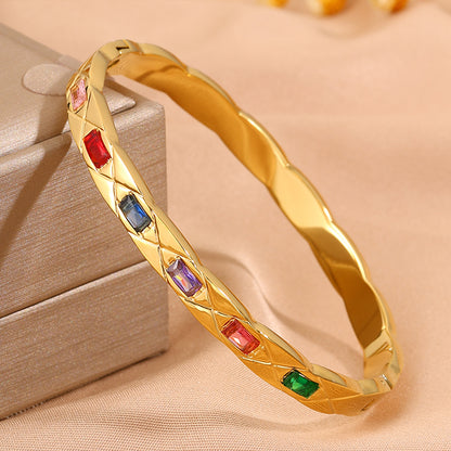Solid Color Rock Style Bangle For New Year Featuring 304 Stainless Steel With 18K Real Gold Plated And Rhinestones Inlay