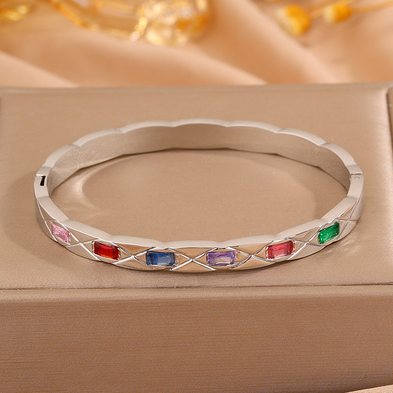 Solid Color Rock Style Bangle For New Year Featuring 304 Stainless Steel With 18K Real Gold Plated And Rhinestones Inlay