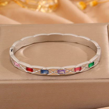 Solid Color Rock Style Bangle For New Year Featuring 304 Stainless Steel With 18K Real Gold Plated And Rhinestones Inlay