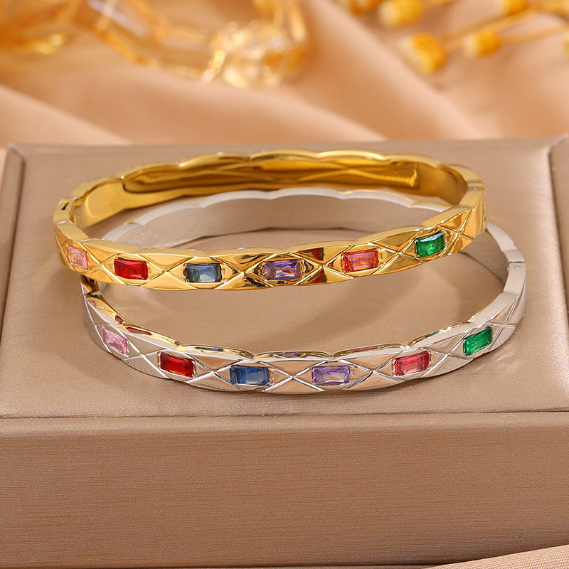 Solid Color Rock Style Bangle For New Year Featuring 304 Stainless Steel With 18K Real Gold Plated And Rhinestones Inlay