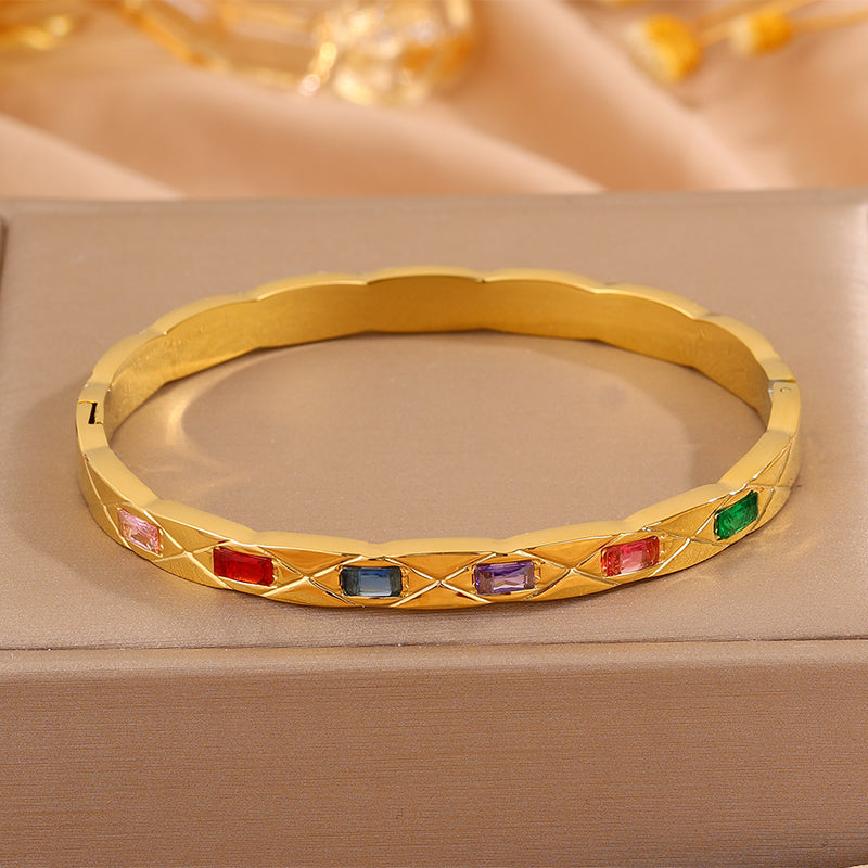 Solid Color Rock Style Bangle For New Year Featuring 304 Stainless Steel With 18K Real Gold Plated And Rhinestones Inlay