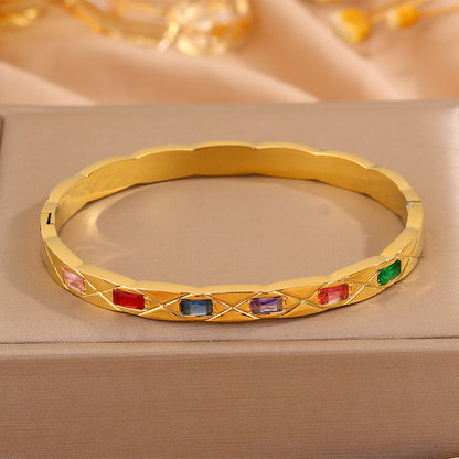 Solid Color Rock Style Bangle For New Year Featuring 304 Stainless Steel With 18K Real Gold Plated And Rhinestones Inlay