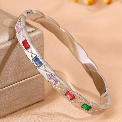 Solid Color Rock Style Bangle For New Year Featuring 304 Stainless Steel With 18K Real Gold Plated And Rhinestones Inlay
