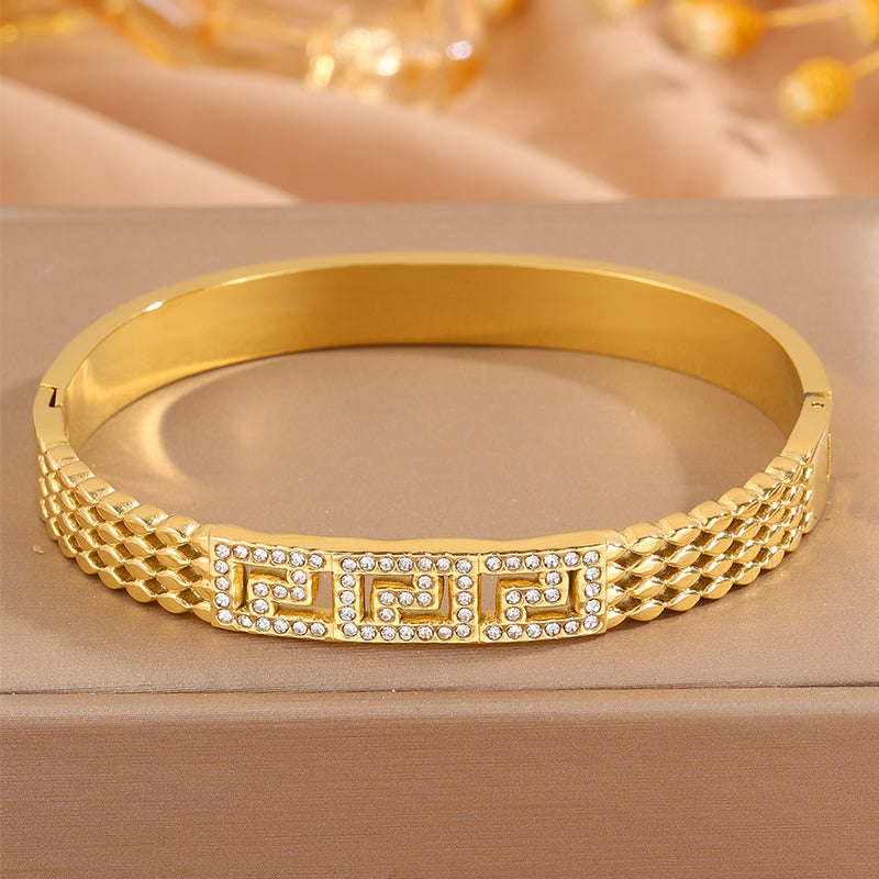 Bohemian Solid Color Bangle For Super Bowl Featuring 304 Stainless Steel With 18K Real Gold Plated And Rhinestones Inlay