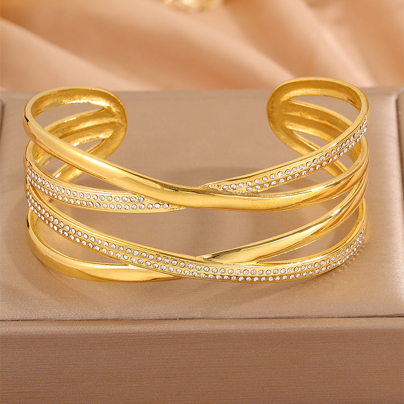 Solid Color Tropical Bangle For Super Bowl Featuring 304 Stainless Steel With 18K Real Gold Plated And Rhinestones Inlay