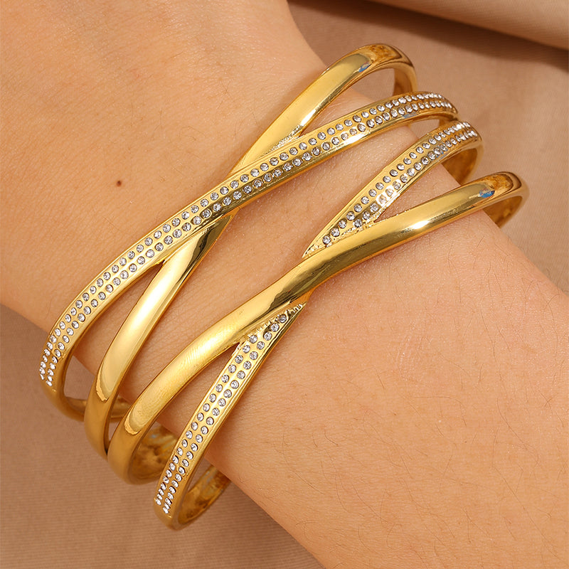 Solid Color Tropical Bangle For Super Bowl Featuring 304 Stainless Steel With 18K Real Gold Plated And Rhinestones Inlay