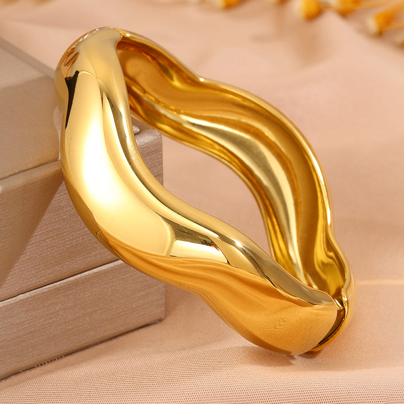 Bohemian Solid Color Bangle For Super Bowl Featuring 304 Stainless Steel With 18K Real Gold Plated Finish And Stone-Free Inlay