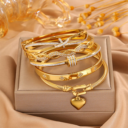 Bohemian Heart Shape Bangle For Super Bowl Featuring 304 Stainless Steel With 18K Real Gold Plated And Rhinestones Inlay