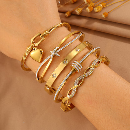 Bohemian Heart Shape Bangle For Super Bowl Featuring 304 Stainless Steel With 18K Real Gold Plated And Rhinestones Inlay