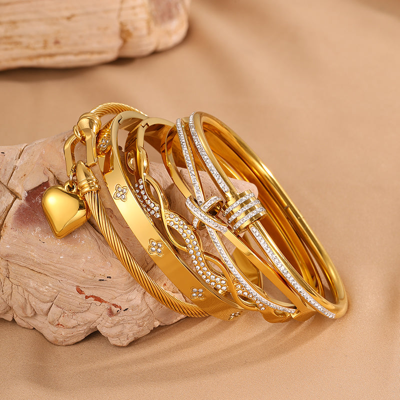 Bohemian Heart Shape Bangle For Super Bowl Featuring 304 Stainless Steel With 18K Real Gold Plated And Rhinestones Inlay