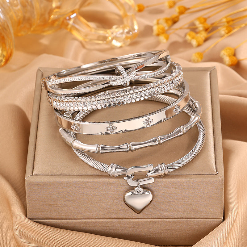Roman Style Heart Shape Bangle For Super Bowl Featuring 304 Stainless Steel With 18K Real Gold Plated And Rhinestones Inlay