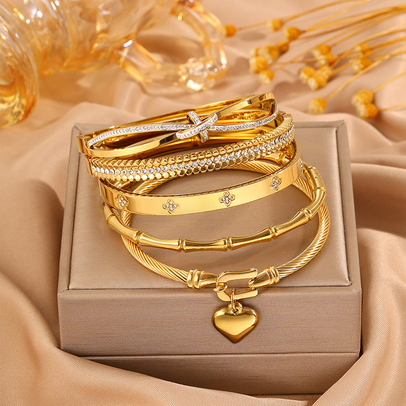 Roman Style Heart Shape Bangle For Super Bowl Featuring 304 Stainless Steel With 18K Real Gold Plated And Rhinestones Inlay