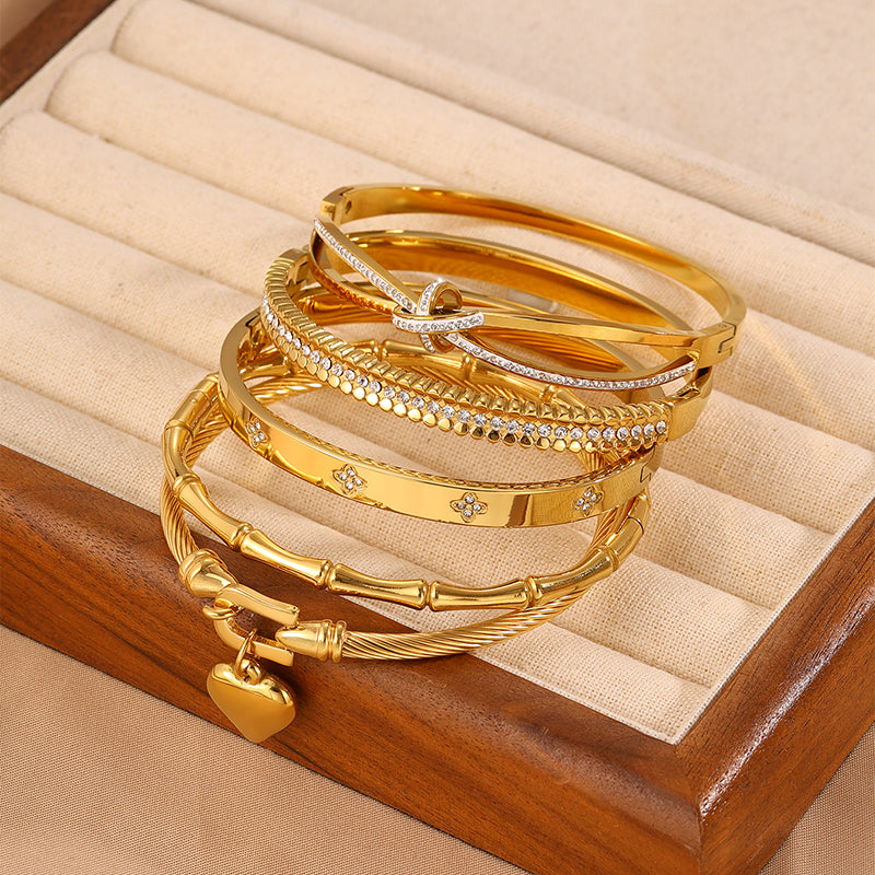 Roman Style Heart Shape Bangle For Super Bowl Featuring 304 Stainless Steel With 18K Real Gold Plated And Rhinestones Inlay