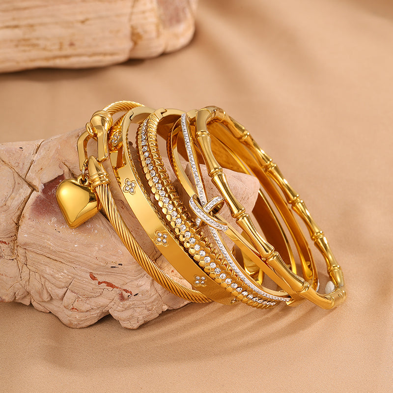 Roman Style Heart Shape Bangle For Super Bowl Featuring 304 Stainless Steel With 18K Real Gold Plated And Rhinestones Inlay