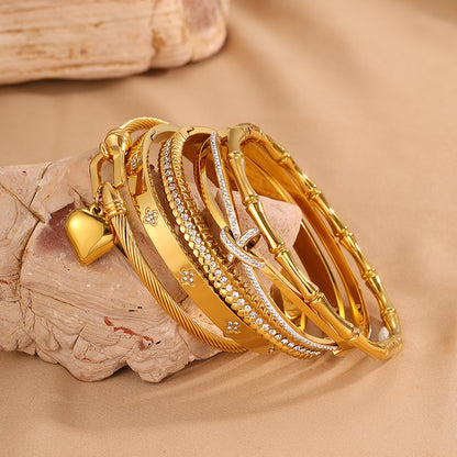 Roman Style Heart Shape Bangle For Super Bowl Featuring 304 Stainless Steel With 18K Real Gold Plated And Rhinestones Inlay