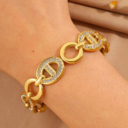 Roman Style Solid Color Bangle For Super Bowl Featuring 304 Stainless Steel With 18K Real Gold Plated And Rhinestones Inlay