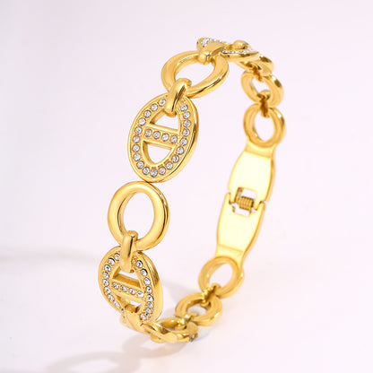 Roman Style Solid Color Bangle For Super Bowl Featuring 304 Stainless Steel With 18K Real Gold Plated And Rhinestones Inlay