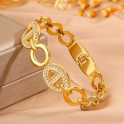 Roman Style Solid Color Bangle For Super Bowl Featuring 304 Stainless Steel With 18K Real Gold Plated And Rhinestones Inlay