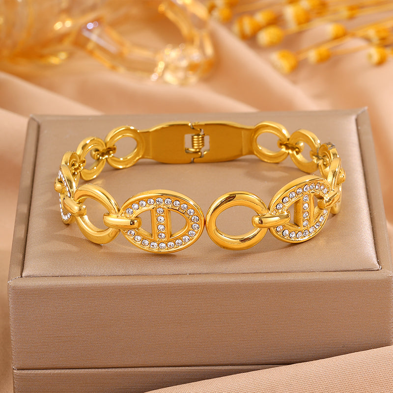 Roman Style Solid Color Bangle For Super Bowl Featuring 304 Stainless Steel With 18K Real Gold Plated And Rhinestones Inlay