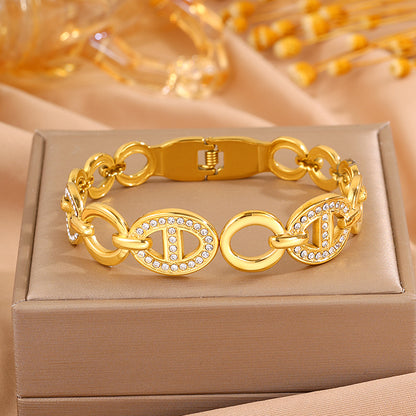 Roman Style Solid Color Bangle For Super Bowl Featuring 304 Stainless Steel With 18K Real Gold Plated And Rhinestones Inlay