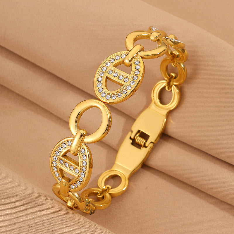 Roman Style Solid Color Bangle For Super Bowl Featuring 304 Stainless Steel With 18K Real Gold Plated And Rhinestones Inlay