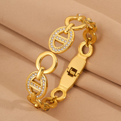 Roman Style Solid Color Bangle For Super Bowl Featuring 304 Stainless Steel With 18K Real Gold Plated And Rhinestones Inlay