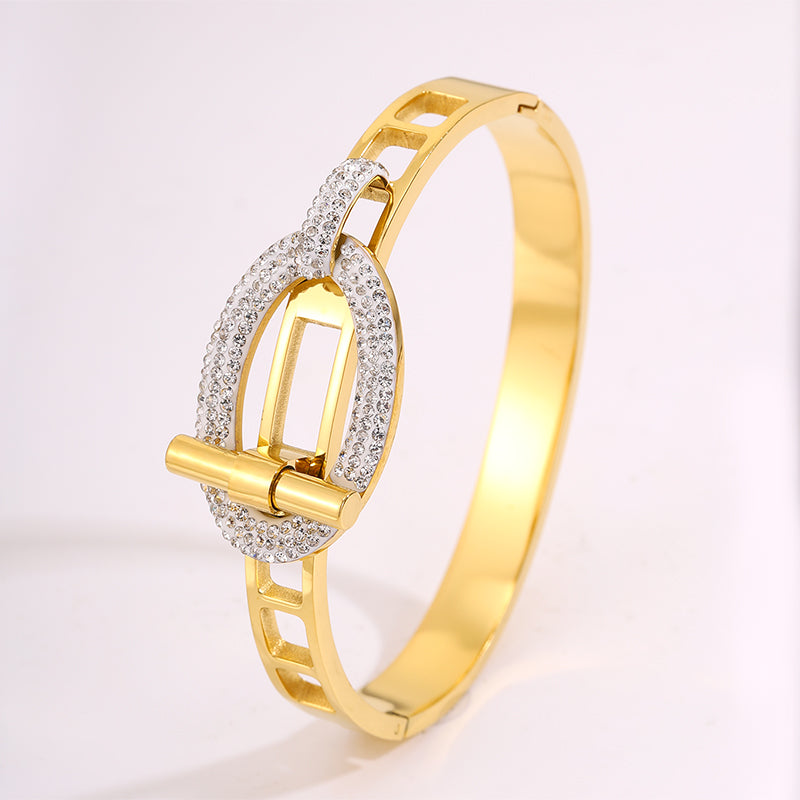 Solid Color Bangle For Super Bowl Featuring 304 Stainless Steel With 18K Real Gold Plated And Rhinestones Inlay