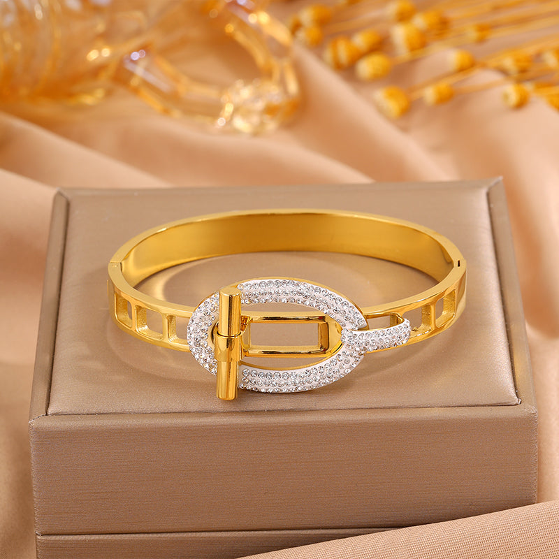 Solid Color Bangle For Super Bowl Featuring 304 Stainless Steel With 18K Real Gold Plated And Rhinestones Inlay