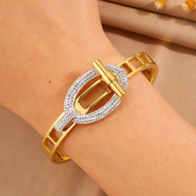 Solid Color Bangle For Super Bowl Featuring 304 Stainless Steel With 18K Real Gold Plated And Rhinestones Inlay