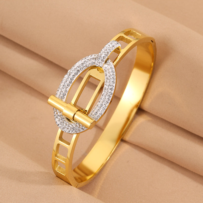 Solid Color Bangle For Super Bowl Featuring 304 Stainless Steel With 18K Real Gold Plated And Rhinestones Inlay