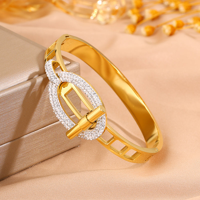Solid Color Bangle For Super Bowl Featuring 304 Stainless Steel With 18K Real Gold Plated And Rhinestones Inlay