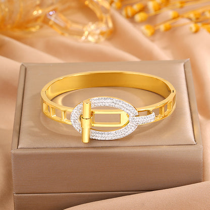 Solid Color Bangle For Super Bowl Featuring 304 Stainless Steel With 18K Real Gold Plated And Rhinestones Inlay