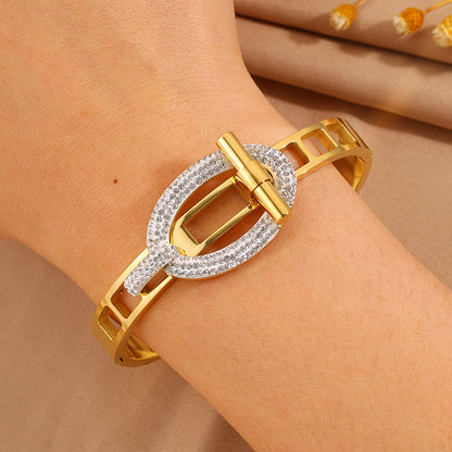 Solid Color Bangle For Super Bowl Featuring 304 Stainless Steel With 18K Real Gold Plated And Rhinestones Inlay