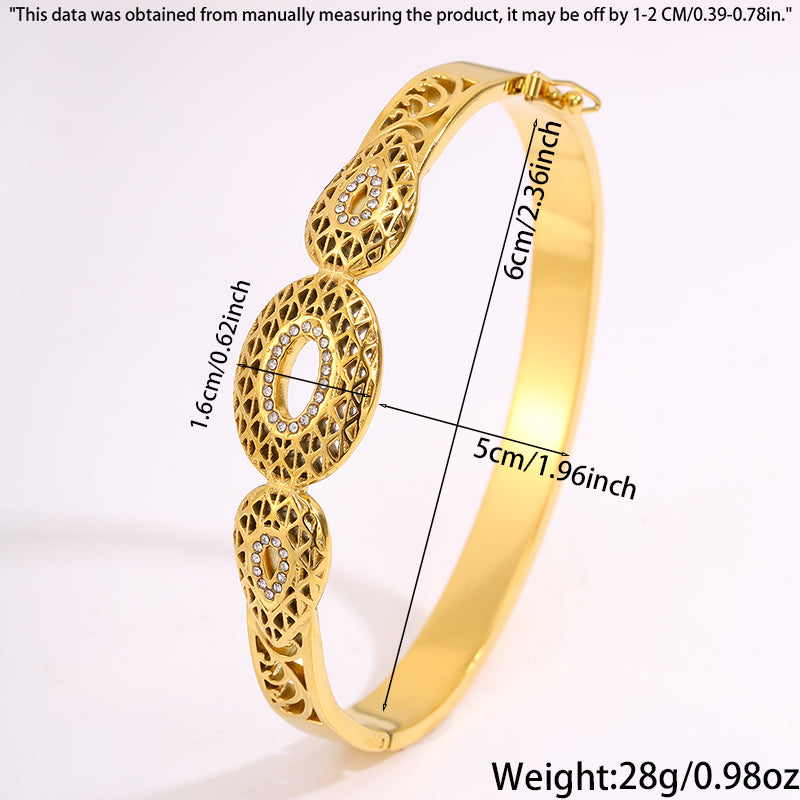 Roman Style Circle Bangle For Wedding Season, 304 Stainless Steel With 18K Real Gold Plated And Rhinestones Inlay