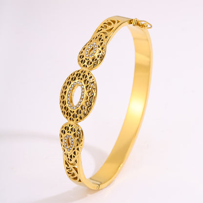 Roman Style Circle Bangle For Wedding Season, 304 Stainless Steel With 18K Real Gold Plated And Rhinestones Inlay