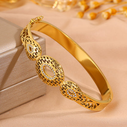 Roman Style Circle Bangle For Wedding Season, 304 Stainless Steel With 18K Real Gold Plated And Rhinestones Inlay