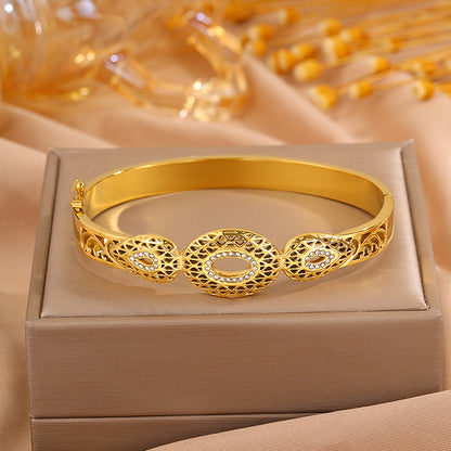 Roman Style Circle Bangle For Wedding Season, 304 Stainless Steel With 18K Real Gold Plated And Rhinestones Inlay