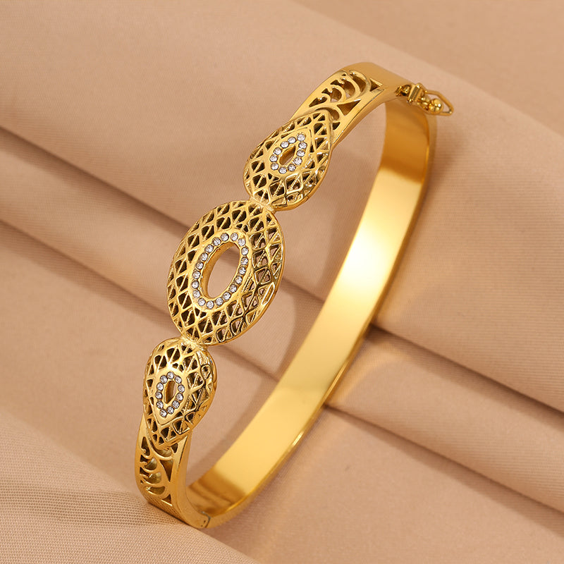 Roman Style Circle Bangle For Wedding Season, 304 Stainless Steel With 18K Real Gold Plated And Rhinestones Inlay