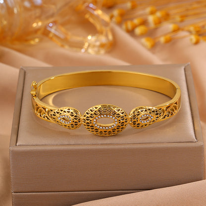 Roman Style Circle Bangle For Wedding Season, 304 Stainless Steel With 18K Real Gold Plated And Rhinestones Inlay