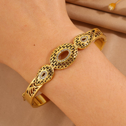 Roman Style Circle Bangle For Wedding Season, 304 Stainless Steel With 18K Real Gold Plated And Rhinestones Inlay