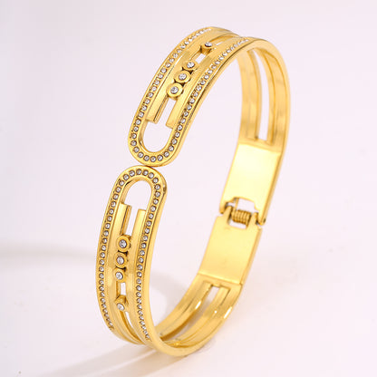 Bohemian Solid Color Bangle For Super Bowl Featuring 304 Stainless Steel With 18K Real Gold Plated And Rhinestones