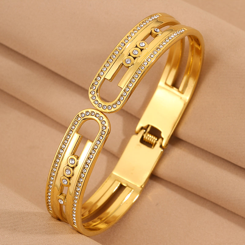 Bohemian Solid Color Bangle For Super Bowl Featuring 304 Stainless Steel With 18K Real Gold Plated And Rhinestones