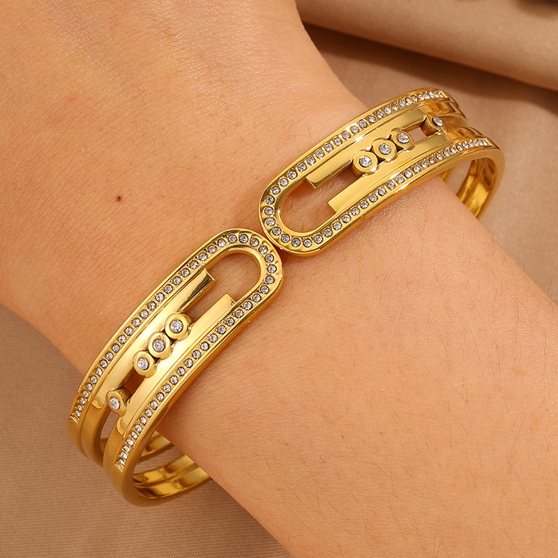 Bohemian Solid Color Bangle For Super Bowl Featuring 304 Stainless Steel With 18K Real Gold Plated And Rhinestones