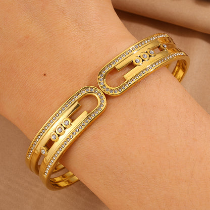 Bohemian Solid Color Bangle For Super Bowl Featuring 304 Stainless Steel With 18K Real Gold Plated And Rhinestones