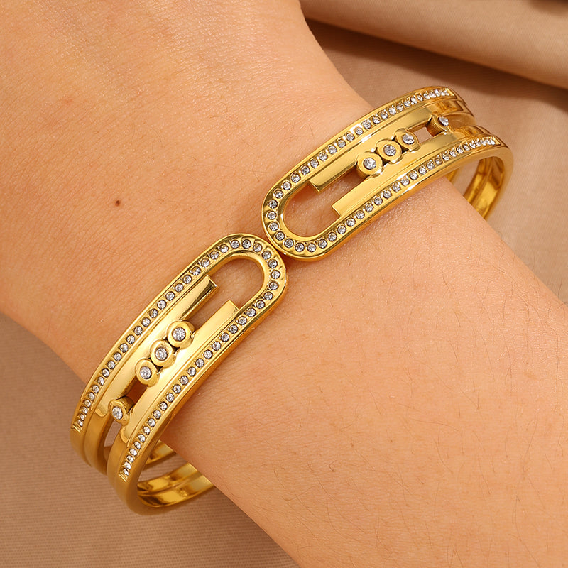 Bohemian Solid Color Bangle For Super Bowl Featuring 304 Stainless Steel With 18K Real Gold Plated And Rhinestones